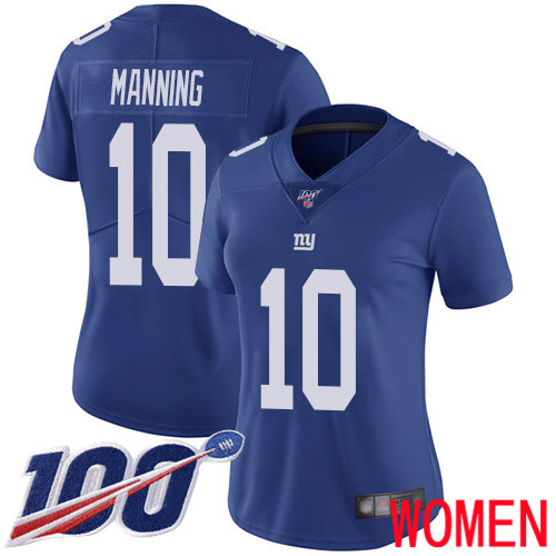 Women New York Giants 10 Eli Manning Royal Blue Team Color Vapor Untouchable Limited Player 100th Season Football NFL Jersey